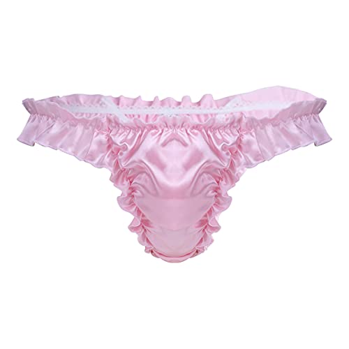 Agoky Herren Satin Slip sexy Unterhosen Spitze Dessous Unterwäsche Low Rise Hipster Bikini G-String Thong T-Back Tanga Sissy Höschen Panty M-XL Rosa C XL von Agoky