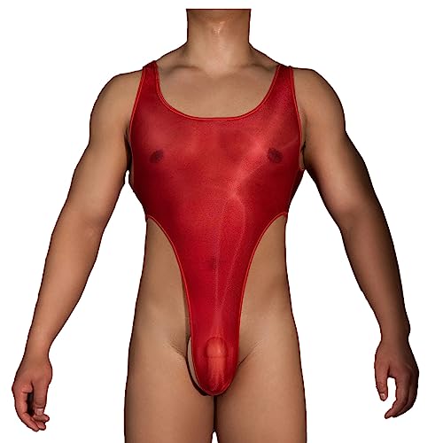 Agoky Herren Sexy Body Glossy Bodysuit Bulge Beutel Boxershorts Retroshorts Durchsichtige Unterhosen mit Hosenträger Einteilige Bademode Clubwear Rot C Einheitsgröße von Agoky