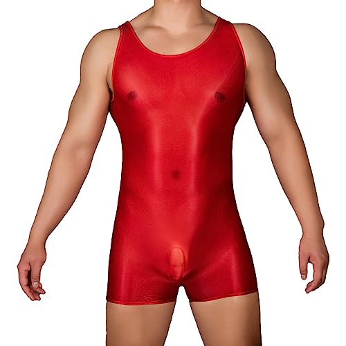 Agoky Herren Sexy Body Glossy Bodysuit Bulge Beutel Boxershorts Retroshorts Durchsichtige Unterhosen mit Hosenträger Einteilige Bademode Clubwear Rot I Einheitsgröße von Agoky