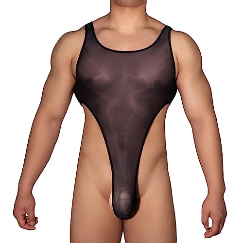 Agoky Herren Sexy Body Glossy Bodysuit Bulge Beutel Boxershorts Retroshorts Durchsichtige Unterhosen mit Hosenträger Einteilige Bademode Clubwear Schwarz C Einheitsgröße von Agoky