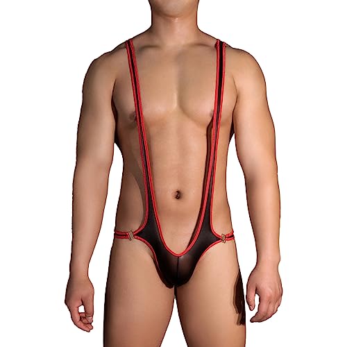 Agoky Herren Sexy Body Glossy Bodysuit Bulge Beutel Boxershorts Retroshorts Durchsichtige Unterhosen mit Hosenträger Einteilige Bademode Clubwear Schwarz Rot H Einheitsgröße von Agoky