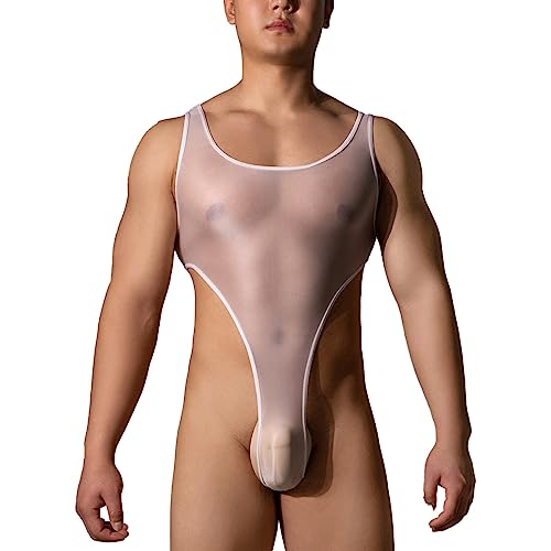 Agoky Herren Sexy Body Glossy Bodysuit Bulge Beutel Boxershorts Retroshorts Durchsichtige Unterhosen mit Hosenträger Einteilige Bademode Clubwear Weiß C Einheitsgröße von Agoky