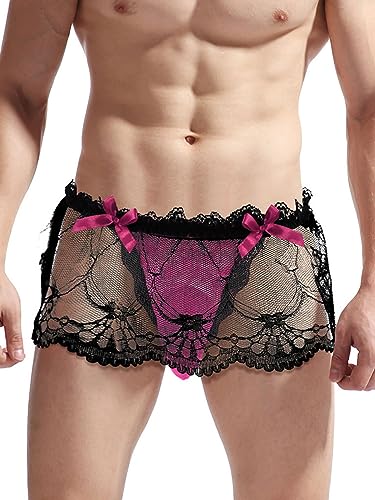 Agoky Herren Sexy Bulge Beutel Jockstrap Spitzen Röckchen Durchsichtige Unterhosen Low Rise Sissy Höschen Mini Schlüpfer Erotik Crossdressing Dessous Hot Pink Einheitsgröße von Agoky