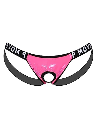 Agoky Herren Sexy Strings Jockstrap mit Öffnung Loch Metall-Penisring Männer Bikini Slip Thong Tanga Lack Leder Briefs Low Rise Erotik Unterwäsche M-XL Rosa B L von Agoky