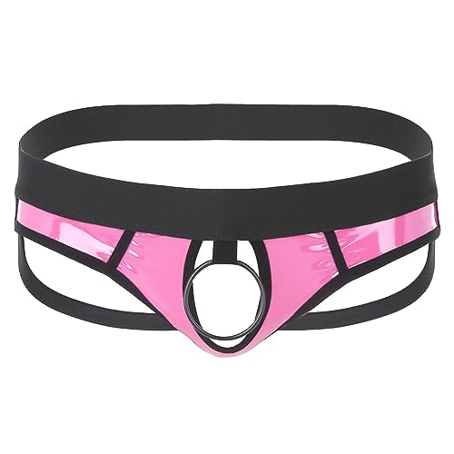 Agoky Herren Sexy Strings Jockstrap mit Öffnung Loch Metall-Penisring Männer Bikini Slip Thong Tanga Lack Leder Briefs Low Rise Erotik Unterwäsche M-XL Rosa XXL von Agoky