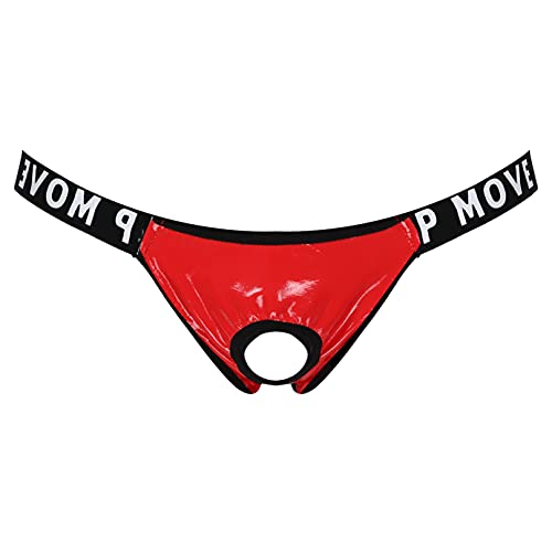 Agoky Herren Sexy Strings Jockstrap mit Öffnung Loch Metall-Penisring Männer Bikini Slip Thong Tanga Lack Leder Briefs Low Rise Erotik Unterwäsche M-XL Rot B L von Agoky