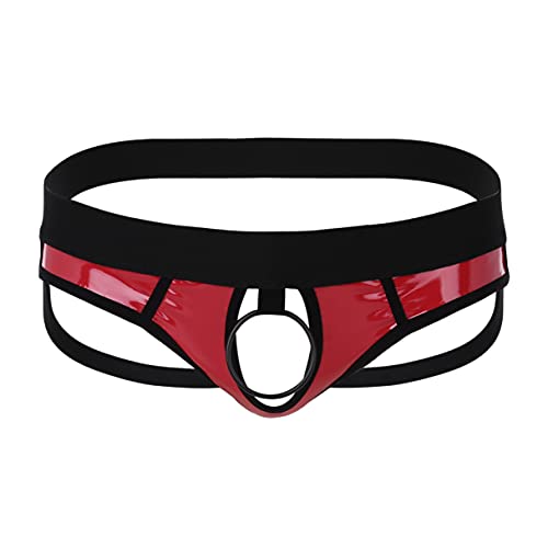 Agoky Herren Sexy Strings Jockstrap mit Öffnung Loch Metall-Penisring Männer Bikini Slip Thong Tanga Lack Leder Briefs Low Rise Erotik Unterwäsche M-XL Rot L von Agoky