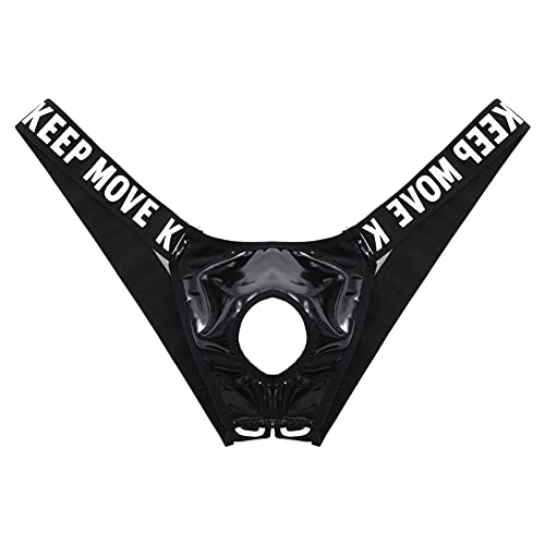 Agoky Herren Sexy Strings Jockstrap mit Öffnung Loch Metall-Penisring Männer Bikini Slip Thong Tanga Lack Leder Briefs Low Rise Erotik Unterwäsche M-XL Schwarz B 3XL von Agoky