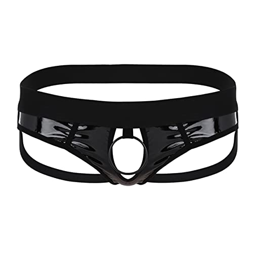 Agoky Herren Sexy Strings Jockstrap mit Öffnung Loch Metall-Penisring Männer Bikini Slip Thong Tanga Lack Leder Briefs Low Rise Erotik Unterwäsche M-XL Schwarz L von Agoky