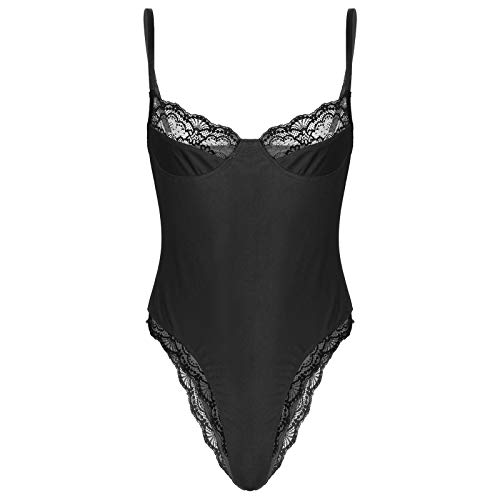 Agoky Herren Sissy Dessous Mann Reizwäsche Ärmellos Bodysuit Rückenfrei Durchsichtig Mesh Satin Spleiß Stringbody Mit Federbesatz Überarm Boknot Vorne Schwarz B XXL von Agoky