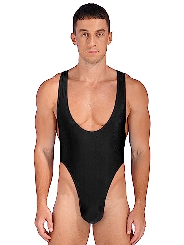 Agoky Herren Sissy Dessous Mann Reizwäsche Ärmellos Bodysuit Rückenfrei Durchsichtig Mesh Satin Spleiß Stringbody Mit Federbesatz Überarm Boknot Vorne Schwarz F L von Agoky