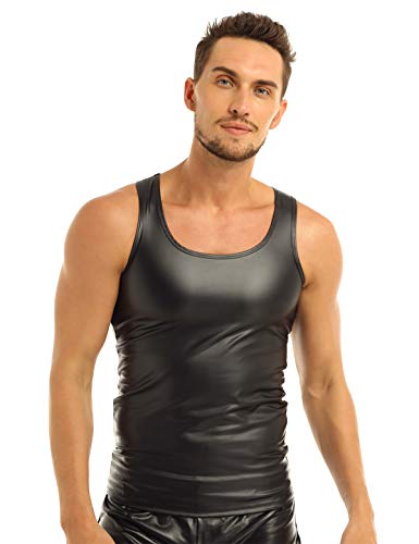 Agoky Herren Tank Top Ärmellos Unterhemd Sporttop Metallic Leder Weste Slim Fit Oberteile Sexy Dessous Schwarz L von Agoky