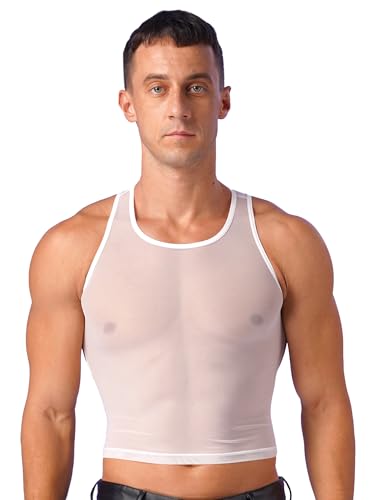 Agoky Herren Tank Top T-Shirt Oberteil Transparent Unterhemden Männer kurzes Netzhemd Muskel Shirt Netzshirt Gaze Crop Top Netz Dessous Clubwear Weiß J M von Agoky