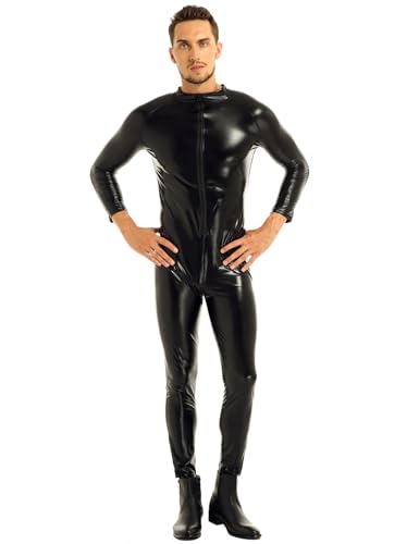 Agoky Herren Wetlook Lack Leder Body Eng Männerbody Erotische Ganzkörper Anzug Trikot Leotards Sexy Fetisch Party Clubwear Schwarz 2XL von Agoky