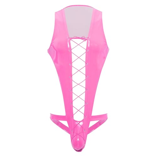Agoky Herren Wetlook String Body Tiefer Ausschnitt Top Schnürung Shirts mit Bulge Pouch Jockstrap T-Back Tanga Thong Lack Leder Nachtwäsche Einteiler Clubwear Hot Pink M von Agoky