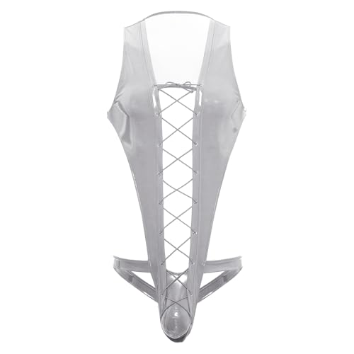 Agoky Herren Wetlook String Body Tiefer Ausschnitt Top Schnürung Shirts mit Bulge Pouch Jockstrap T-Back Tanga Thong Lack Leder Nachtwäsche Einteiler Clubwear Silber XXL von Agoky