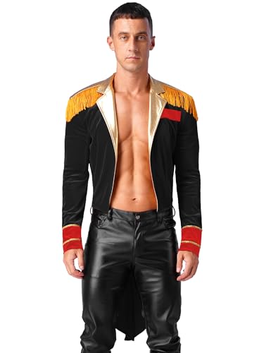 Agoky Herren Zirkusdirektor Kostüm Vintage Retro Anzugjacke mit Metallic Reverskragen Schulterstücke Gothic Steampunk Frack Mantel Halloween Party Outfits Schwarz L von Agoky