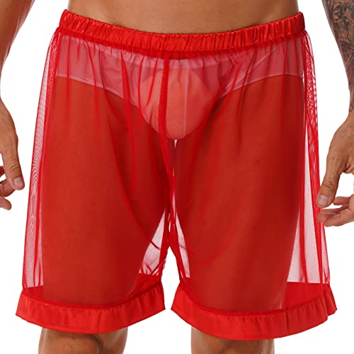 Agoky Herren transparente Kurze Hose Pants Netz Mesh Unterwäsche Unterhose Männer sexy Boxershorts Trunks Shorts Dessous Nachtwäsche Clubwear M-XXL Rot A L von Agoky