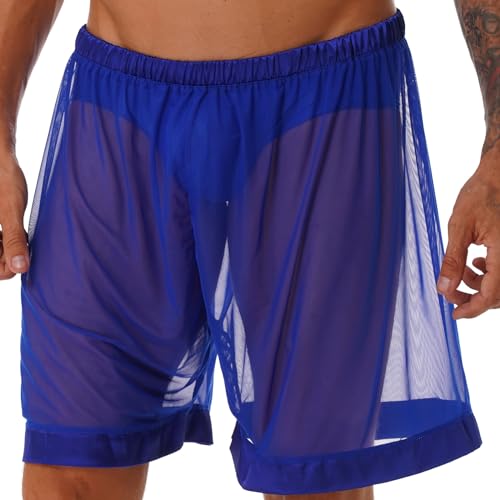 Agoky Herren transparente Kurze Hose Pants Netz Mesh Unterwäsche Unterhose Männer sexy Boxershorts Trunks Shorts Dessous Nachtwäsche Clubwear M-XXL Royal Blau A L von Agoky