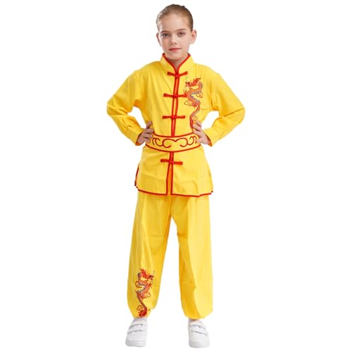 Agoky Junge Tang Anzug - Chinesische Traditionelle Kostüm Kampfkunst Kung Fu Uniform Drache Stickerei Anzüge Langarm Tops mit Hosen Gelb A 170 von Agoky