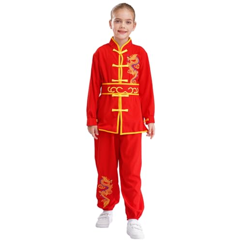 Agoky Junge Tang Anzug - Chinesische Traditionelle Kostüm Kampfkunst Kung Fu Uniform Drache Stickerei Anzüge Langarm Tops mit Hosen Rot A 170 von Agoky