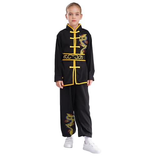 Agoky Junge Tang Anzug - Chinesische Traditionelle Kostüm Kampfkunst Kung Fu Uniform Drache Stickerei Anzüge Langarm Tops mit Hosen Schwarz A 170 von Agoky