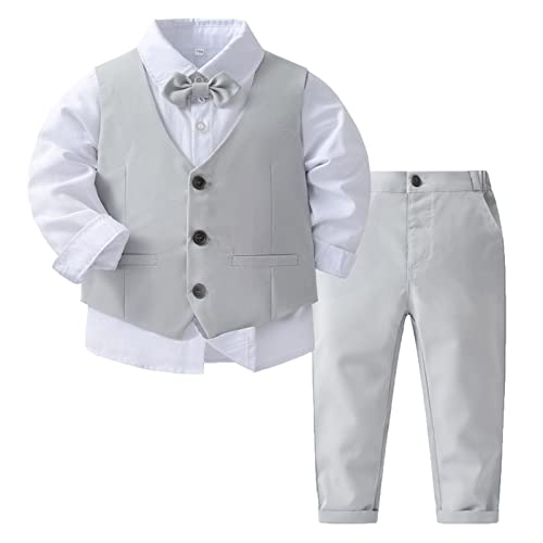 Agoky Jungen Anzug Set Langarm Hemd mit Kentkragen Fliege Anzughose mit Y-Form Hosenträger Festlich Sakko Smoking Gentleman Outfits Grau V 104-110 von Agoky