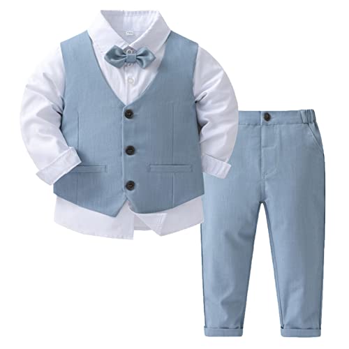 Agoky Jungen Anzug Set Langarm Hemd mit Kentkragen Fliege Anzughose mit Y-Form Hosenträger Festlich Sakko Smoking Gentleman Outfits Hellblau V 104-110 von Agoky