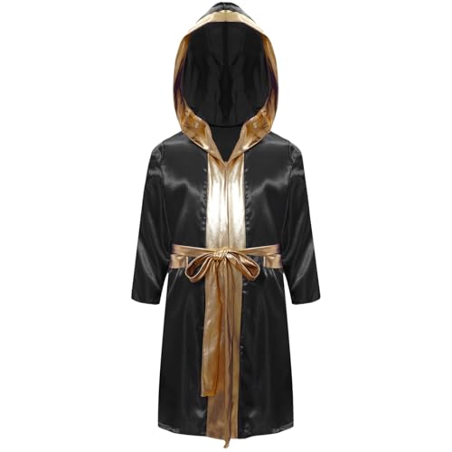Agoky Jungen Boxer Kickboxer Robe Langarm Mantel Satin Jacke mit Kapuze Gürtel Goldener Saum Hooded Umhang Cape Outerwear Schwarz 134-140 von Agoky