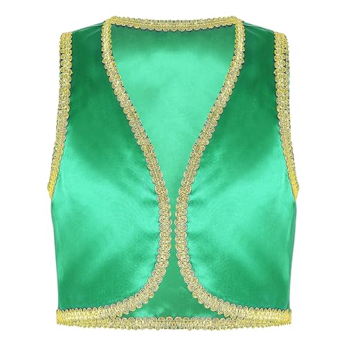 Agoky Jungen Festliche Weste Arabischer Prinz Orient Sultan Gilet Ärmellos Open Front Jacke Flaschengeist Halloween Cosplay Outfits Grün 134-140 von Agoky