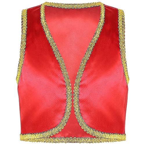 Agoky Jungen Festliche Weste Arabischer Prinz Orient Sultan Gilet Ärmellos Open Front Jacke Flaschengeist Halloween Cosplay Outfits Rot 98-104 von Agoky