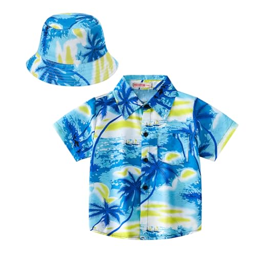 Agoky Jungen Kurzarm Hawaii Hemd Kentkragen Blätter Druck Freizeithemd Sommerhemd mit Hut Kinder Gentleman Strand Urlaub Outfits Blau 158-164 von Agoky