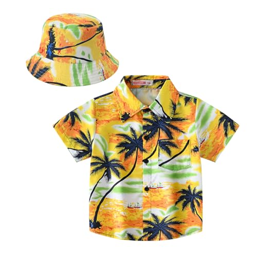 Agoky Jungen Kurzarm Hawaii Hemd Kentkragen Blätter Druck Freizeithemd Sommerhemd mit Hut Kinder Gentleman Strand Urlaub Outfits Gelb 158-164 von Agoky