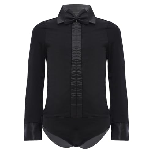 Agoky Jungen Langarm Tanzbody Latein Bodysuit Anzug Hemd Shirt mit Fliege Einteiler Jumpsuit Overall Kurz Kinder Leotards Schwarz 146-152 von Agoky