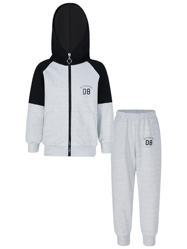 Agoky Jungen Sport Set Langarm Sweatjacke Kapuzejacke und Jogger Jogginghose Herbst Winter 2 Pcs Sportanzug Trainingsanzug Grau 110-116 von Agoky