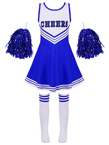 Agoky Kinder Cheer Leader Kostüm Zubehör Komplettes Set Schule Uniform Kleid mit Pompons Overknee Streifen Socken Faschingskostüm Blau 146-152 von Agoky