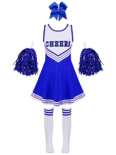 Agoky Kinder Cheer Leader Kostüm Zubehör Komplettes Set Schule Uniform Kleid mit Pompons Overknee Streifen Socken Faschingskostüm E Blau 146-152 von Agoky