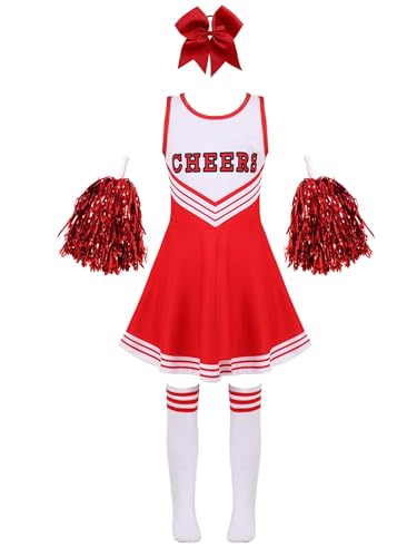 Agoky Kinder Cheer Leader Kostüm Zubehör Komplettes Set Schule Uniform Kleid mit Pompons Overknee Streifen Socken Faschingskostüm E Rot 122-128 von Agoky