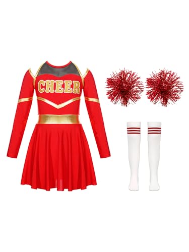 Agoky Kinder Cheer Leader Kostüm Zubehör Komplettes Set Schule Uniform Kleid mit Pompons Overknee Streifen Socken Faschingskostüm F Rot 134-140 von Agoky