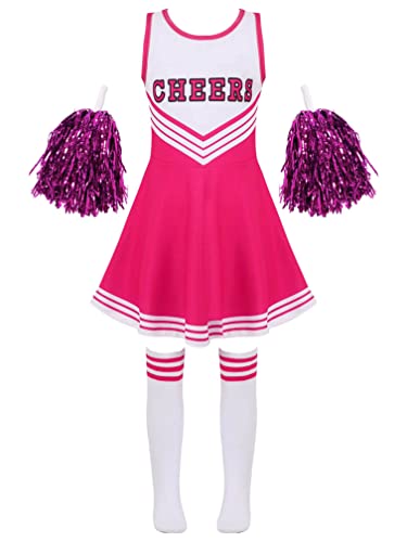 Agoky Kinder Cheer Leader Kostüm Zubehör Komplettes Set Schule Uniform Kleid mit Pompons Overknee Streifen Socken Faschingskostüm Hot Pink 122-128 von Agoky