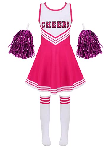 Agoky Kinder Cheer Leader Kostüm Zubehör Komplettes Set Schule Uniform Kleid mit Pompons Overknee Streifen Socken Faschingskostüm Hot Pink 146-152 von Agoky