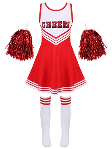 Agoky Kinder Cheer Leader Kostüm Zubehör Komplettes Set Schule Uniform Kleid mit Pompons Overknee Streifen Socken Faschingskostüm Rot 122-128 von Agoky