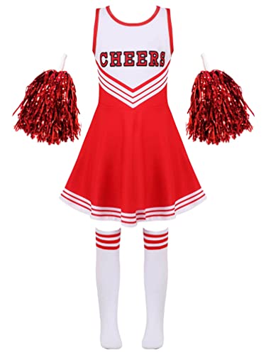 Agoky Kinder Cheer Leader Kostüm Zubehör Komplettes Set Schule Uniform Kleid mit Pompons Overknee Streifen Socken Faschingskostüm Rot 134-140 von Agoky