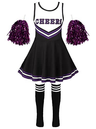 Agoky Kinder Cheer Leader Kostüm Zubehör Komplettes Set Schule Uniform Kleid mit Pompons Overknee Streifen Socken Faschingskostüm Schwarz 134-140 von Agoky