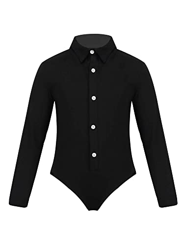 Agoky Kinder Jungen Langarm Bodysuit Tanzbody Latein Anzug Hemd Shirt mit Fliege Einteiler Jumpsuit Overall elastische Leotards Schwarz B 140 von Agoky