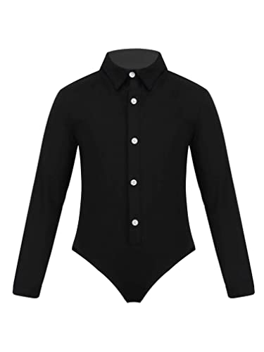 Agoky Kinder Jungen Langarm Bodysuit Tanzbody Latein Anzug Hemd Shirt mit Fliege Einteiler Jumpsuit Overall elastische Leotards Schwarz B 152 von Agoky