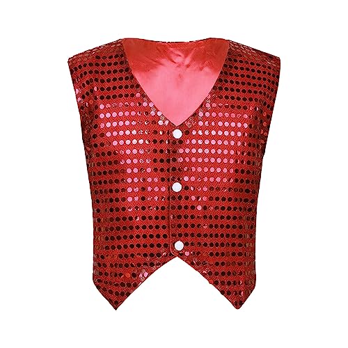 Agoky Kinder Jungen Pailletten Weste Glänzend Anzugweste V-Ausschnitt Tops Oberteile mit Knöpfe Glänzend Gilet Motto Party Kostüm Hochzeit Fasching Rot 140-152 von Agoky