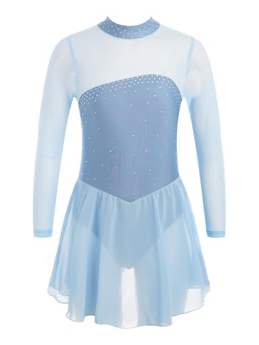 Agoky Kinder Mädchen Ballettkleid Eiskunstlauf-Kleid Swing Schaukel Ballettanzug Langarm Body Trikot Tüllrock Himmelblau B 158-164 von Agoky
