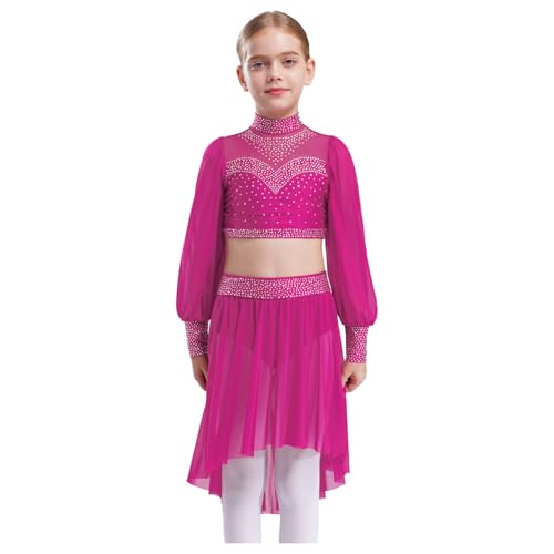 Agoky Kinder Mädchen Langarm Tanzshirts Rollkragen Puffärmel Crop Top und High Waist Tanzrock Unregelmäßig Tutu Zweiteiler Eiskunstlauf Bekleidung Hot Pink 170 von Agoky