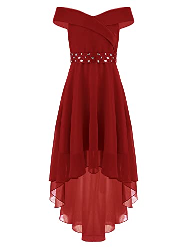 Agoky Kinder Mädchen Schulterfrei Kleider Festlich Hochzeit Blumenmädchen Kleid Midi Lang Chiffon Abendkleid Partykleid Festzug Outfits Burgundy A 158-164 von Agoky